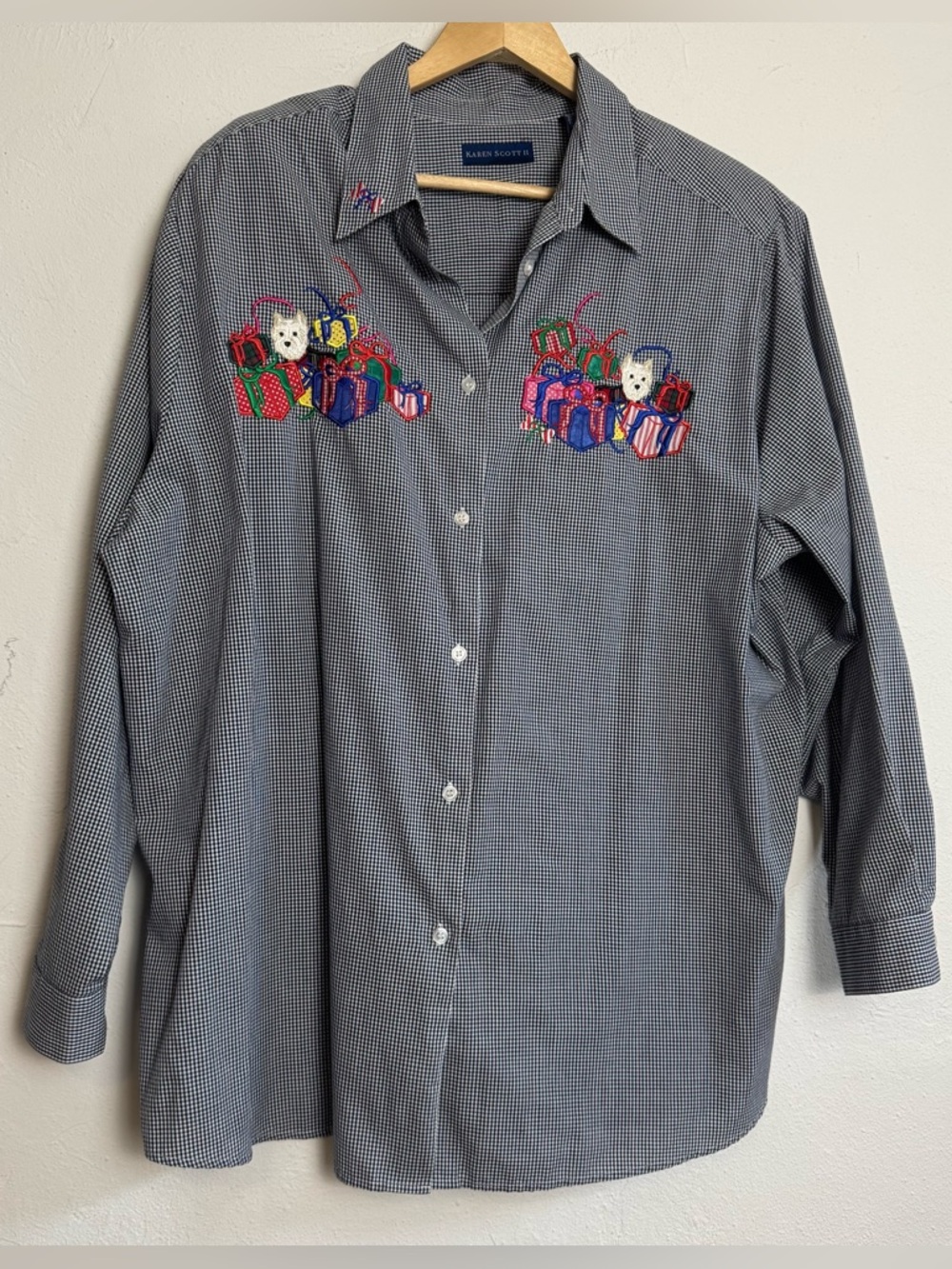 Karen Scott Scottish Terrier Gingham Holiday Gift Button Down Blouse